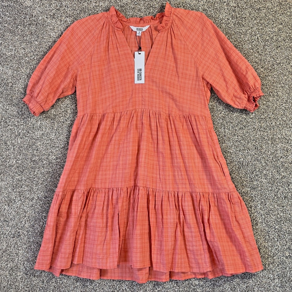BB Dakota Steve Madden‎ Coral Plaid Tiered Babydoll Mini Dress Ruffle V-Neck S